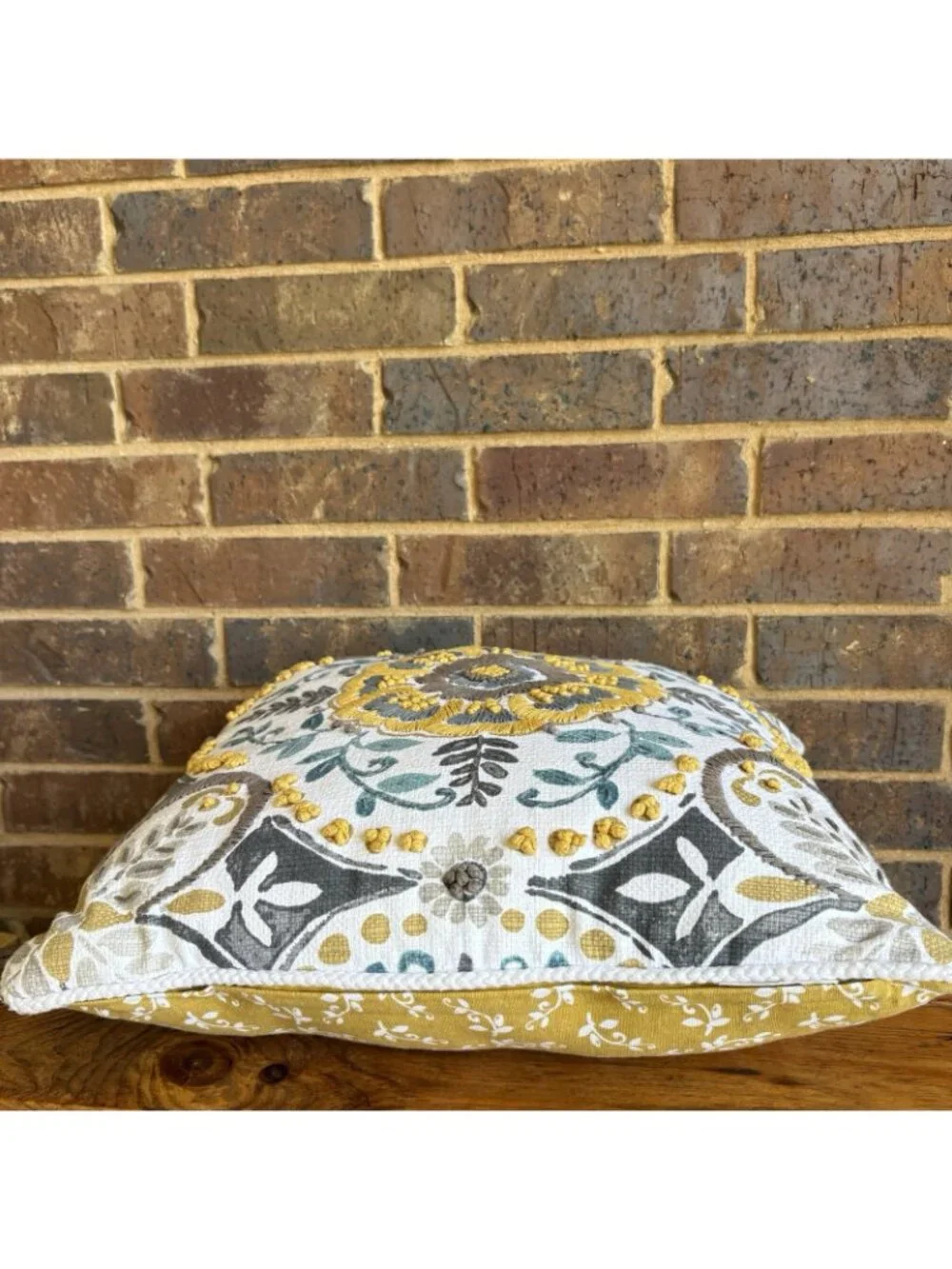 Kirklands Yellow Grey Embroidered Claudia Pillow 19x19 Floral Medallion